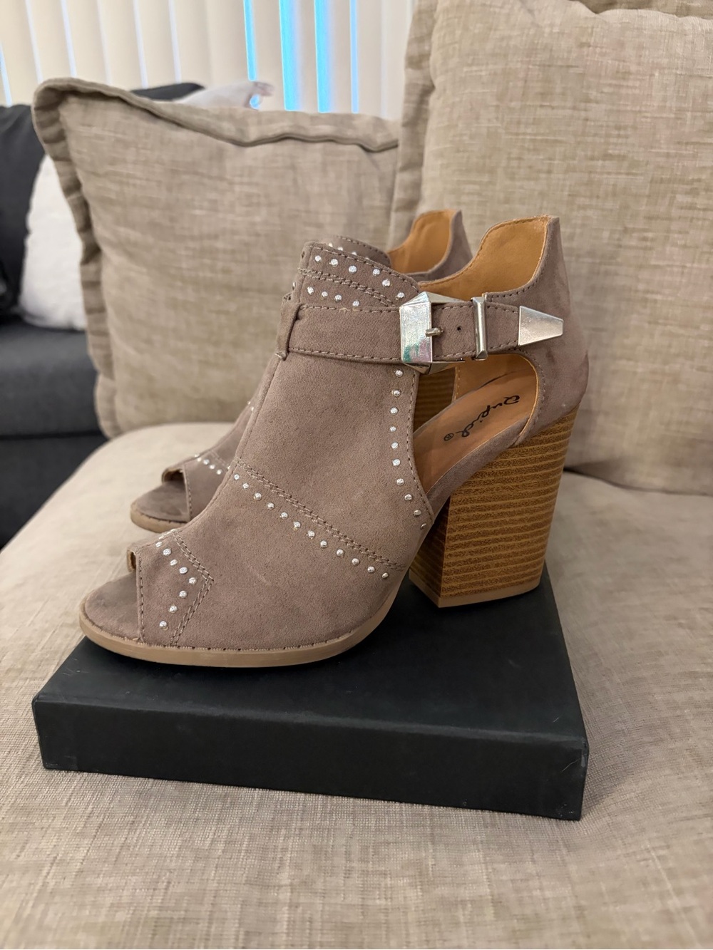 Qupid Taupe Suede Studded Peep-Toe Block Heel Sandals
